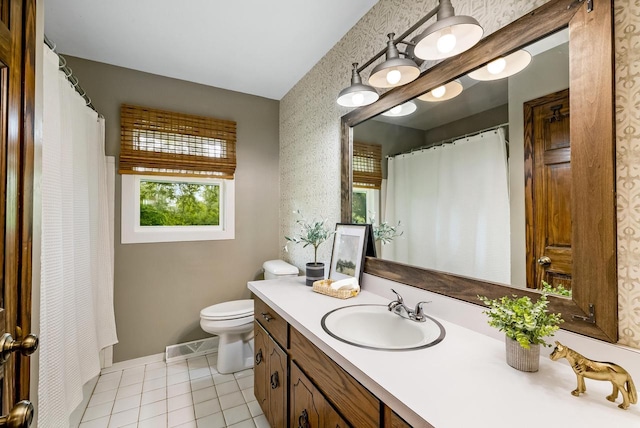 4951 W Joleno Ln, Brown Deer, WI 53223 - full bathroom with healthy amount of natural light, vanity, tile patterned flooring, wallpapered walls, and curtained shower