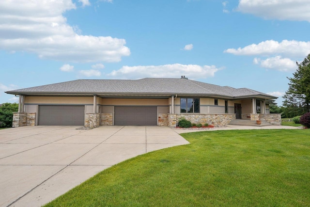 7965 Westhill Cir, Verona, WI 53593 - prairie-style home featuring concrete driveway, stone siding, an attached garage, and a front lawn