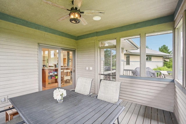 7965 Westhill Cir, Verona, WI 53593 - sunroom featuring a ceiling fan and outdoor dining space