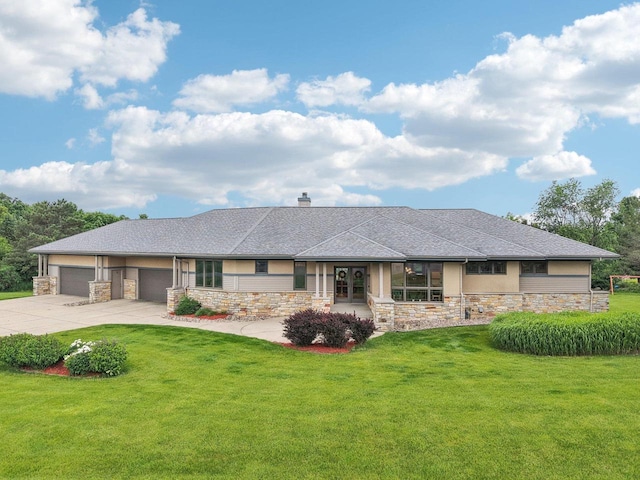 7965 Westhill Cir, Verona, WI 53593 - view of front of property featuring stone siding, concrete driveway, a garage, and a front yard