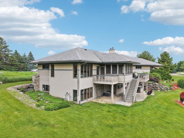 7965 Westhill Cir, Verona, WI 53593 - rear view of house featuring a sunroom, stairs, a lawn, and a chimney
