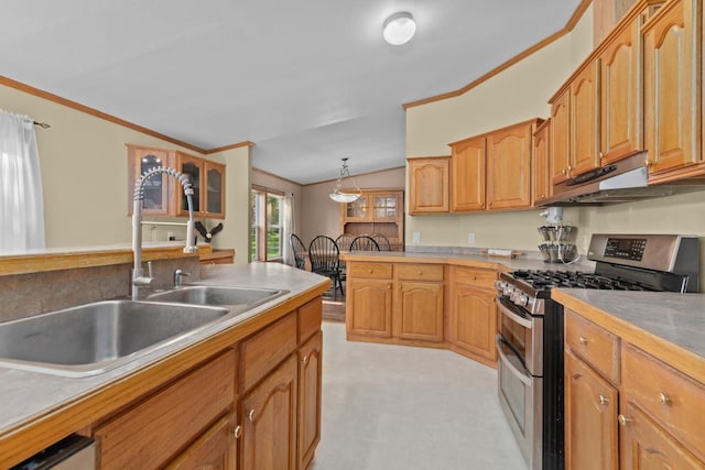 227 Cedar St, Ripon, WI 54971 - kitchen with double oven range, under cabinet range hood, a sink, light flooring, and ornamental molding