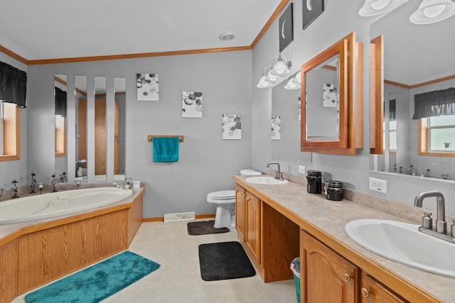 227 Cedar St, Ripon, WI 54971 - bathroom with a garden tub, double vanity, toilet, baseboards, and tile patterned floors