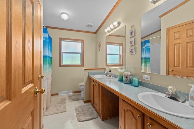 227 Cedar St, Ripon, WI 54971 - full bath featuring double vanity, toilet, a shower with curtain, and crown molding