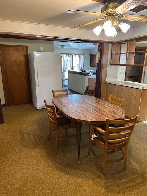 420 Jackson St, Waupun, WI 53963 - dining room with dark colored carpet and ceiling fan