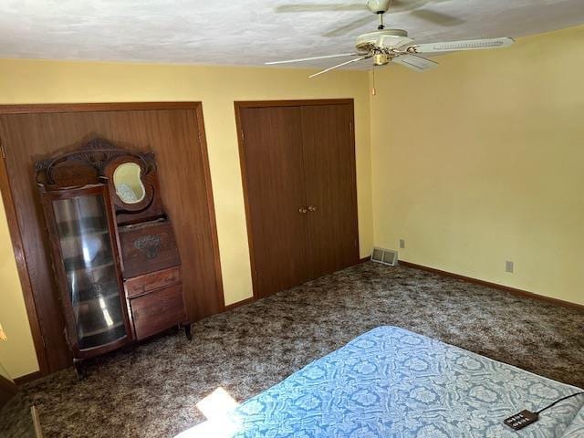 420 Jackson St, Waupun, WI 53963 - unfurnished bedroom with carpet, two closets, a ceiling fan, and baseboards