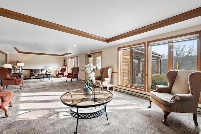 530 N Silverbrook Dr Unit 121, West Bend, WI 53090 - living area featuring ornamental molding, carpet floors, healthy amount of natural light, baseboard heating, and a raised ceiling