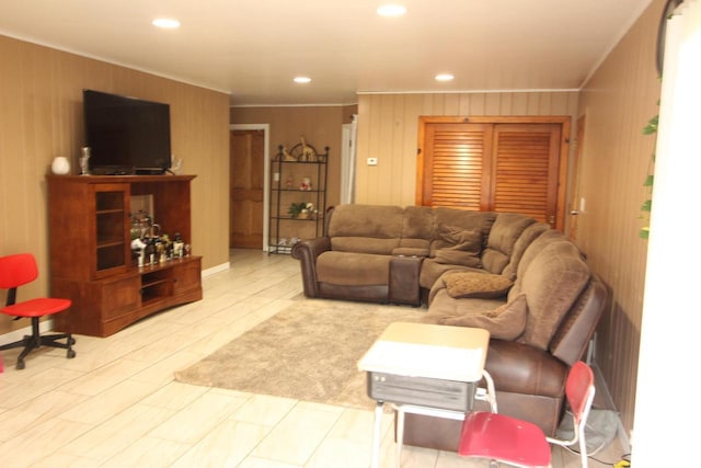 4726 N Green Bay Rd, Racine, WI 53404 - living area with ornamental molding, recessed lighting, and wooden walls