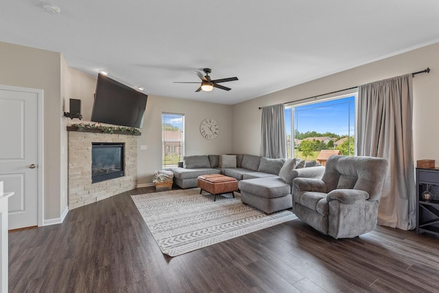6028 Star Grass Ln, Racine, WI 53406 - living area featuring a fireplace, wood finished floors, and a ceiling fan