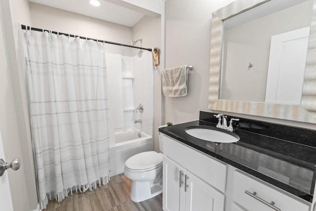 6028 Star Grass Ln, Racine, WI 53406 - full bathroom with vanity, shower / bath combo, wood finished floors, and recessed lighting