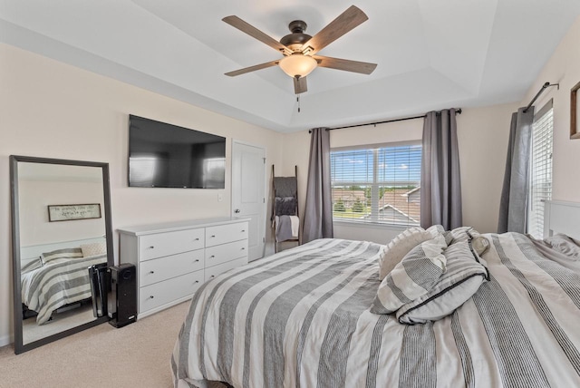6028 Star Grass Ln, Racine, WI 53406 - bedroom featuring a raised ceiling, light carpet, and ceiling fan