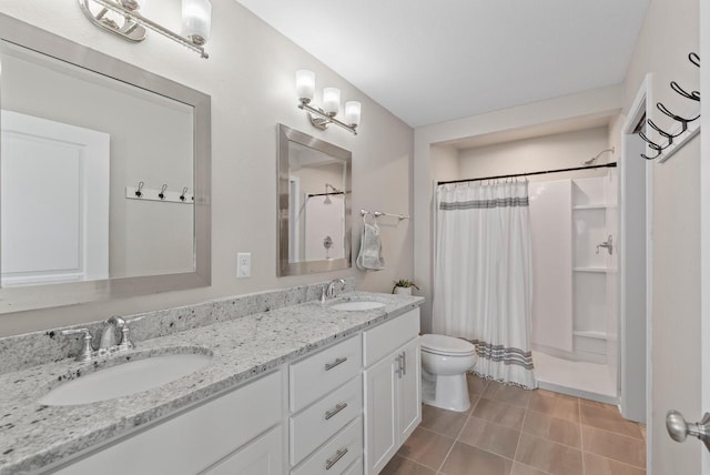 6028 Star Grass Ln, Racine, WI 53406 - full bath featuring double vanity, a shower with curtain, and tile patterned floors