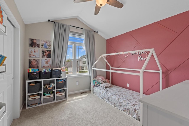 6028 Star Grass Ln, Racine, WI 53406 - carpeted bedroom featuring lofted ceiling and a ceiling fan