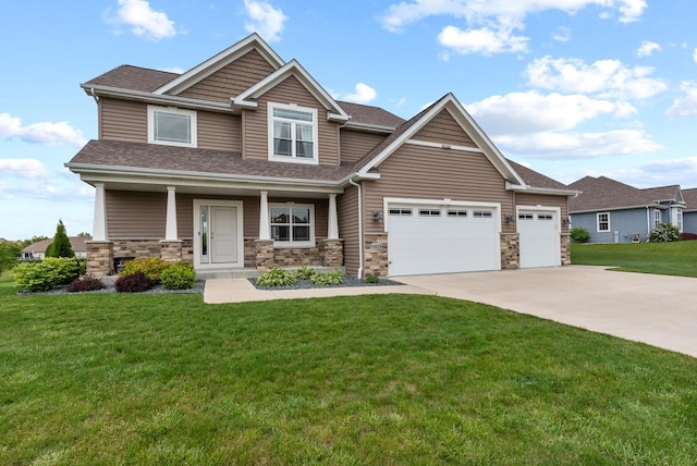 6028 Star Grass Ln, Racine, WI 53406 - craftsman inspired home with driveway, a shingled roof, a front yard, a garage, and covered porch