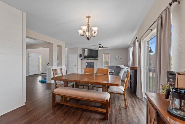 6028 Star Grass Ln, Racine, WI 53406 - dining area with a glass covered fireplace, dark wood finished floors, a chandelier, and healthy amount of natural light