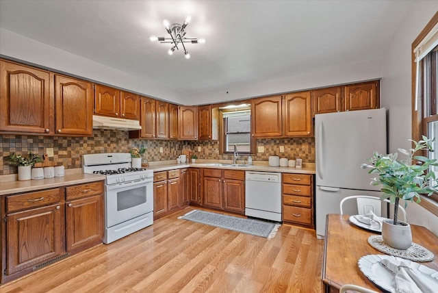 7838 N Sherman Blvd, Brown Deer, WI 53209 - kitchen with white appliances, under cabinet range hood, brown cabinetry, light countertops, and light wood-style flooring