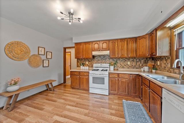 7838 N Sherman Blvd, Brown Deer, WI 53209 - kitchen with white appliances, under cabinet range hood, brown cabinetry, light wood-style floors, and light countertops