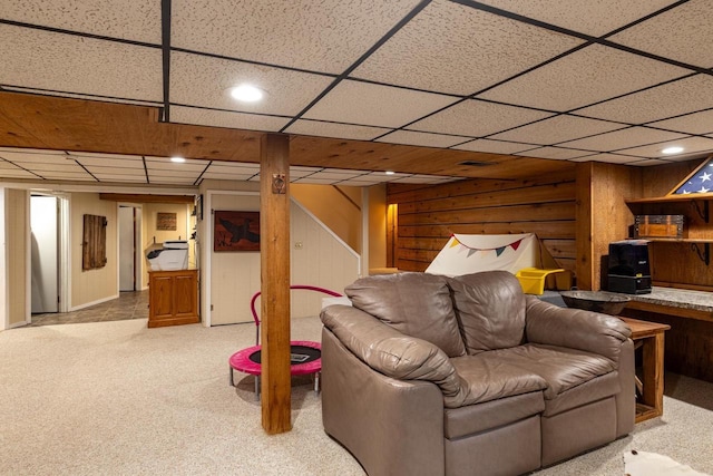 11 Meadowbrook Ct, Appleton, WI 54914 - living area featuring light colored carpet, stairs, wood walls, and recessed lighting