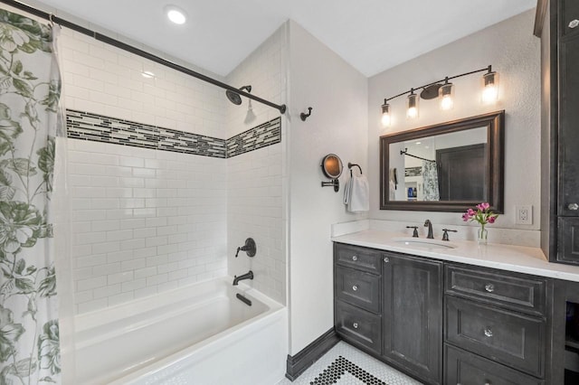 6223 W Wisconsin Ave, Wauwatosa, WI 53213 - full bathroom with shower / tub combo with curtain, vanity, tile patterned floors, and recessed lighting