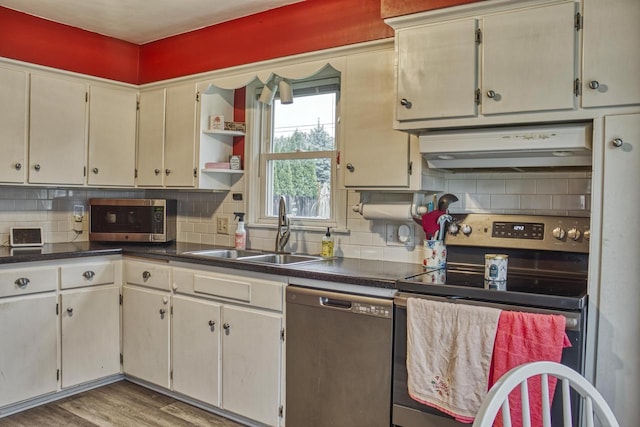 1702 S Douglas St, Appleton, WI 54914 - kitchen featuring appliances with stainless steel finishes, under cabinet range hood, decorative backsplash, and open shelves