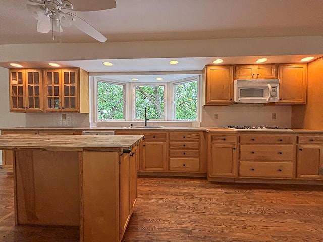 417 Anglesey Rd, Wales, WI 53183 - kitchen featuring white appliances, healthy amount of natural light, backsplash, light wood-type flooring, and recessed lighting