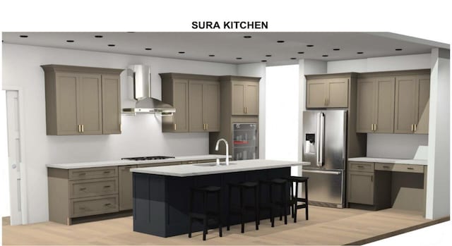 LT3 E Miramar Dr, East Troy, WI 53120 - kitchen with stainless steel fridge, wall chimney range hood, gray cabinetry, an island with sink, and gas stovetop