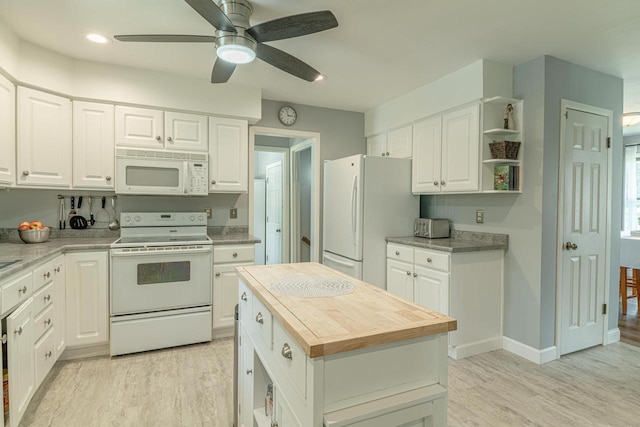 3472 Hickory Hill Rd, Verona, WI 53593 - kitchen with white appliances, wood counters, light wood-style flooring, white cabinets, and recessed lighting
