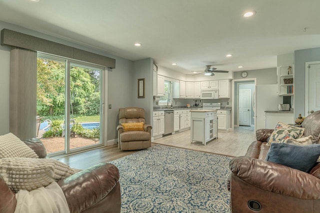 3472 Hickory Hill Rd, Verona, WI 53593 - living area with light wood-type flooring, recessed lighting, and ceiling fan
