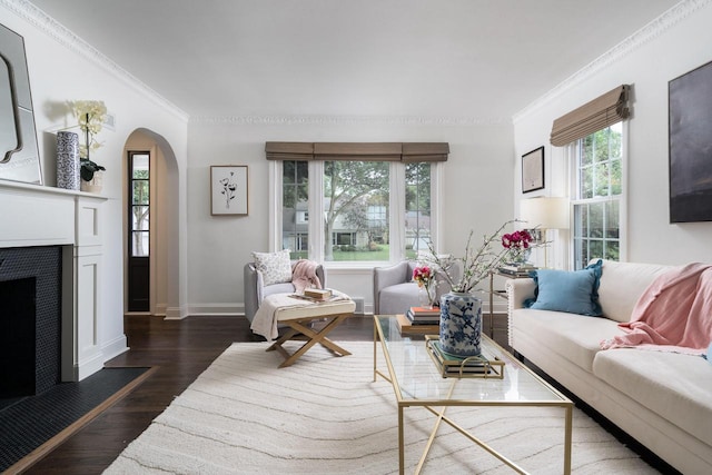 2461 N 94th St, Wauwatosa, WI 53226 - living area featuring arched walkways, ornamental molding, wood finished floors, and a fireplace with flush hearth
