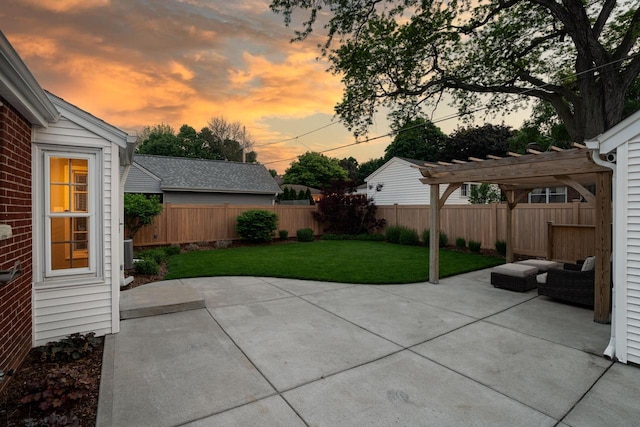 2461 N 94th St, Wauwatosa, WI 53226 - patio terrace at dusk featuring a patio, a pergola, and a fenced backyard