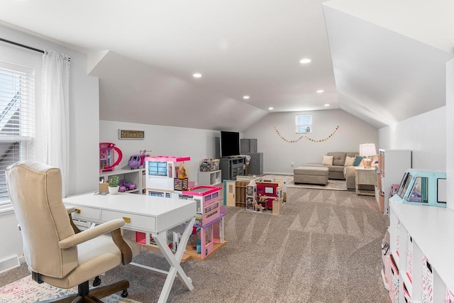 650 W Silverleaf Ct, Plover, WI 54467 - recreation room with carpet flooring, lofted ceiling, a desk, and recessed lighting