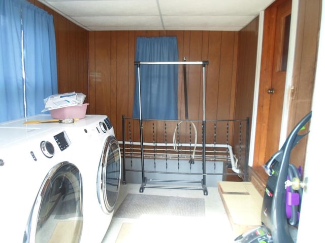 212 E Bowen St, Brandon, WI 53919 - laundry area featuring washing machine and dryer and wood walls