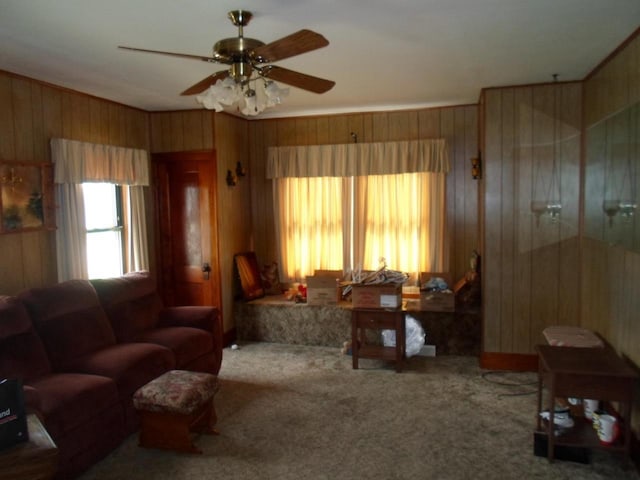 212 E Bowen St, Brandon, WI 53919 - living area with a ceiling fan, wooden walls, and carpet