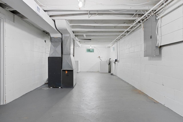 2717 13th St, Two Rivers, WI 54241 - unfinished basement featuring electric panel, heating unit, and concrete block wall