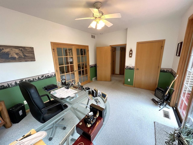 2783 High Peak Rd, Rhinelander, WI 54501 - office with carpet, french doors, and a ceiling fan
