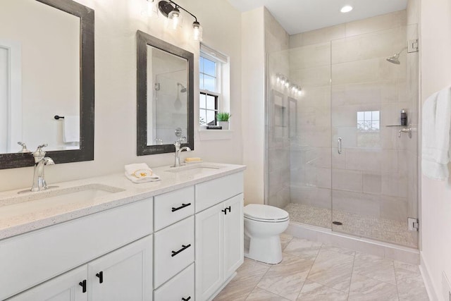 1386 Overlook Cir, Hartland, WI 53029 - bathroom with a stall shower, double vanity, marble finish flooring, and recessed lighting