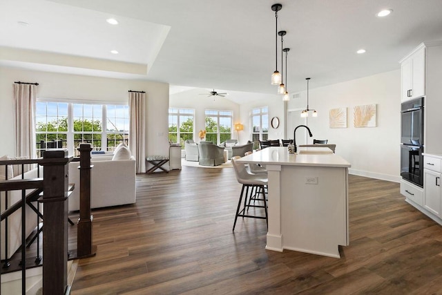 1386 Overlook Cir, Hartland, WI 53029 - kitchen with open floor plan, a kitchen island with sink, recessed lighting, and dark wood-type flooring