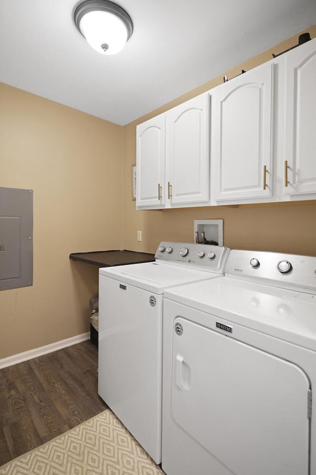3223 55th Ct Unit 65, Kenosha, WI 53144 - laundry room with cabinet space, electric panel, separate washer and dryer, and dark floors