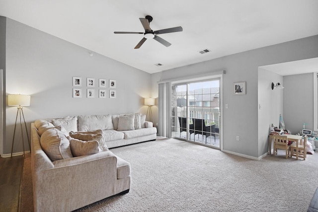 3223 55th Ct Unit 65, Kenosha, WI 53144 - living room with ceiling fan, carpet, and vaulted ceiling