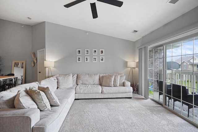 3223 55th Ct Unit 65, Kenosha, WI 53144 - carpeted living room featuring ceiling fan and lofted ceiling