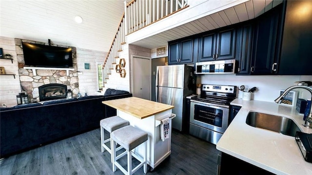 W6741 Lakewood Blvd, Ladysmith, WI 54848 - kitchen with stainless steel appliances, open floor plan, dark wood-style floors, a kitchen breakfast bar, and butcher block counters