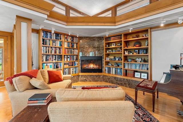 1225 W Cedar St, Appleton, WI 54914 - living area featuring a high end fireplace, wood finished floors, and rail lighting