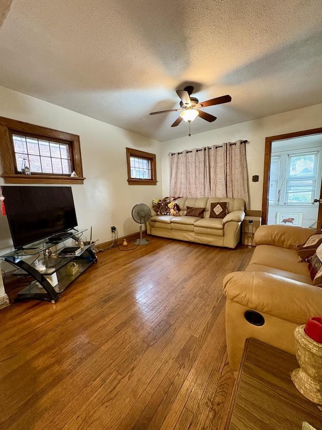4110 N 7th St, Milwaukee, WI 53209 - living area with a textured ceiling, a ceiling fan, wood finished floors, and healthy amount of natural light
