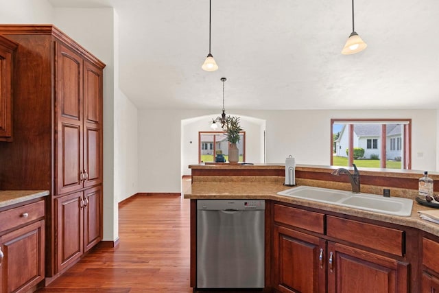 52 Penbrook Cir Unit 47, Appleton, WI 54911 - kitchen with stainless steel dishwasher, dark wood finished floors, and pendant lighting