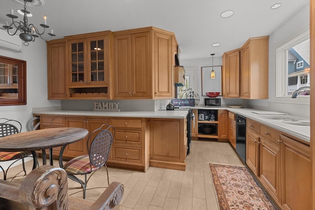 8823 406th Ave, Genoa City, WI 53128 - kitchen with light wood-style floors, hanging light fixtures, glass insert cabinets, black dishwasher, and light countertops