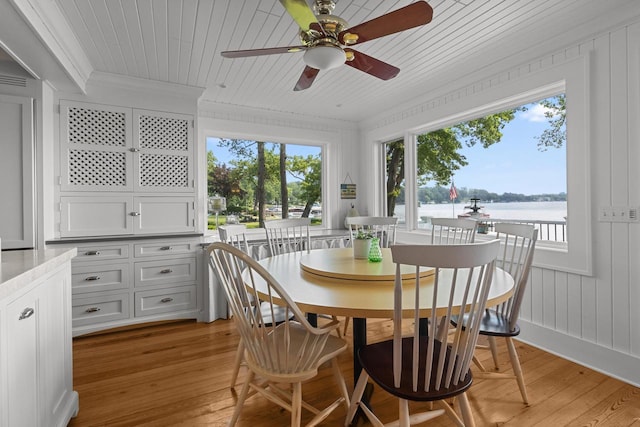 8823 406th Ave, Genoa City, WI 53128 - dining space featuring ornamental molding, light wood-type flooring, a ceiling fan, a water view, and wooden ceiling