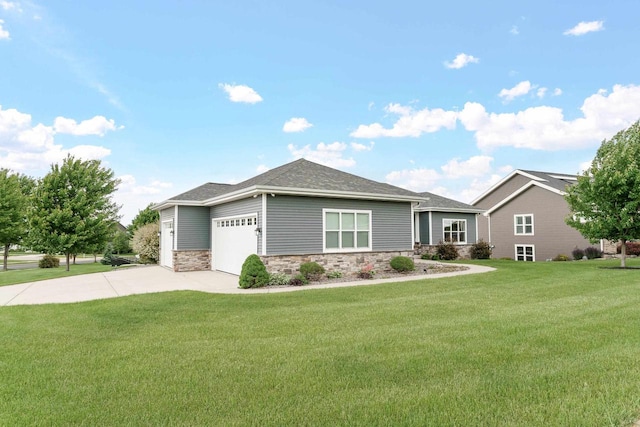4790 Innovation Dr, Deforest, WI 53532 - view of front facade with stone siding, driveway, a front yard, and a garage