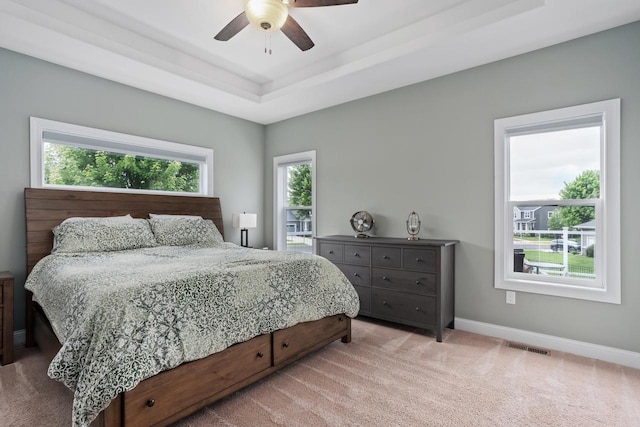 4790 Innovation Dr, Deforest, WI 53532 - bedroom with light colored carpet, a raised ceiling, and a ceiling fan