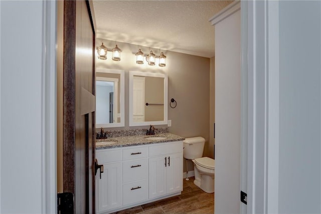 397 Candy Ln, River Falls, WI 54022 - bathroom with double vanity, a textured ceiling, and wood finished floors