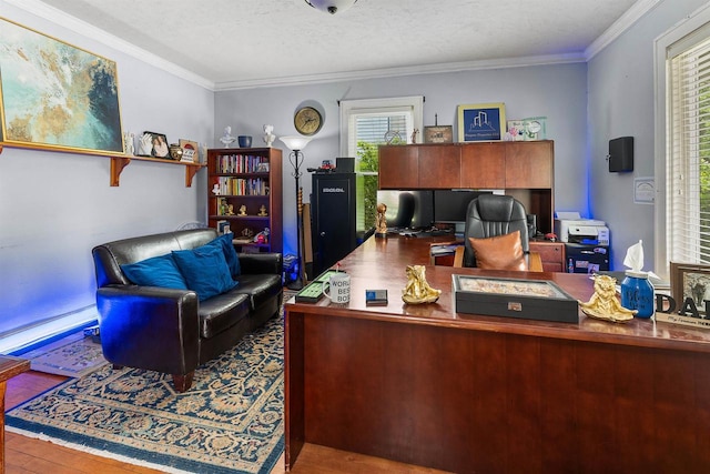 152 Hoyt St, Fond Du Lac, WI 54935 - office featuring wood finished floors, ornamental molding, and a textured ceiling